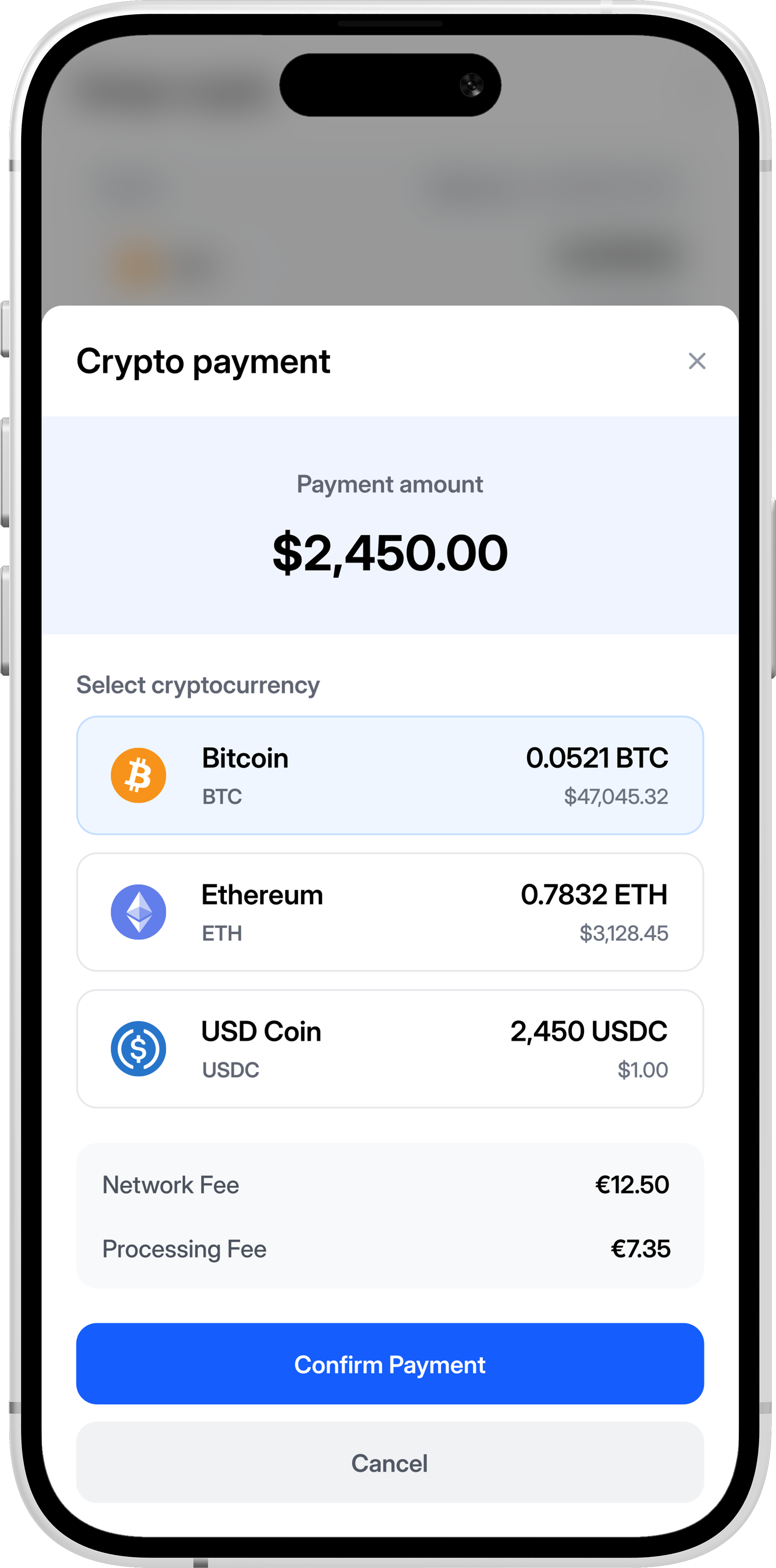 Mobile app interface showing crypto payment functionality