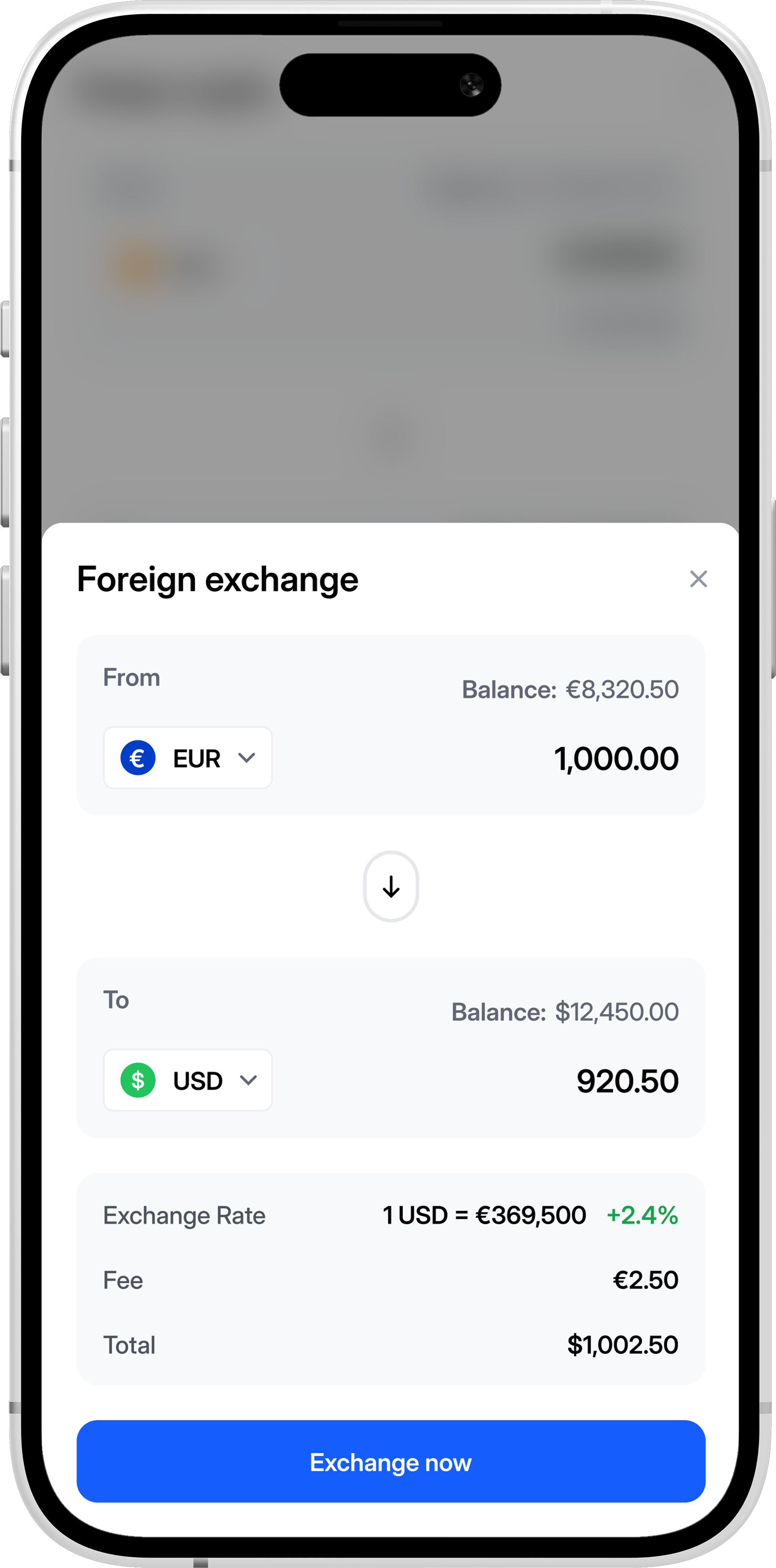 Mobile app interface showing foreign exchange functionality