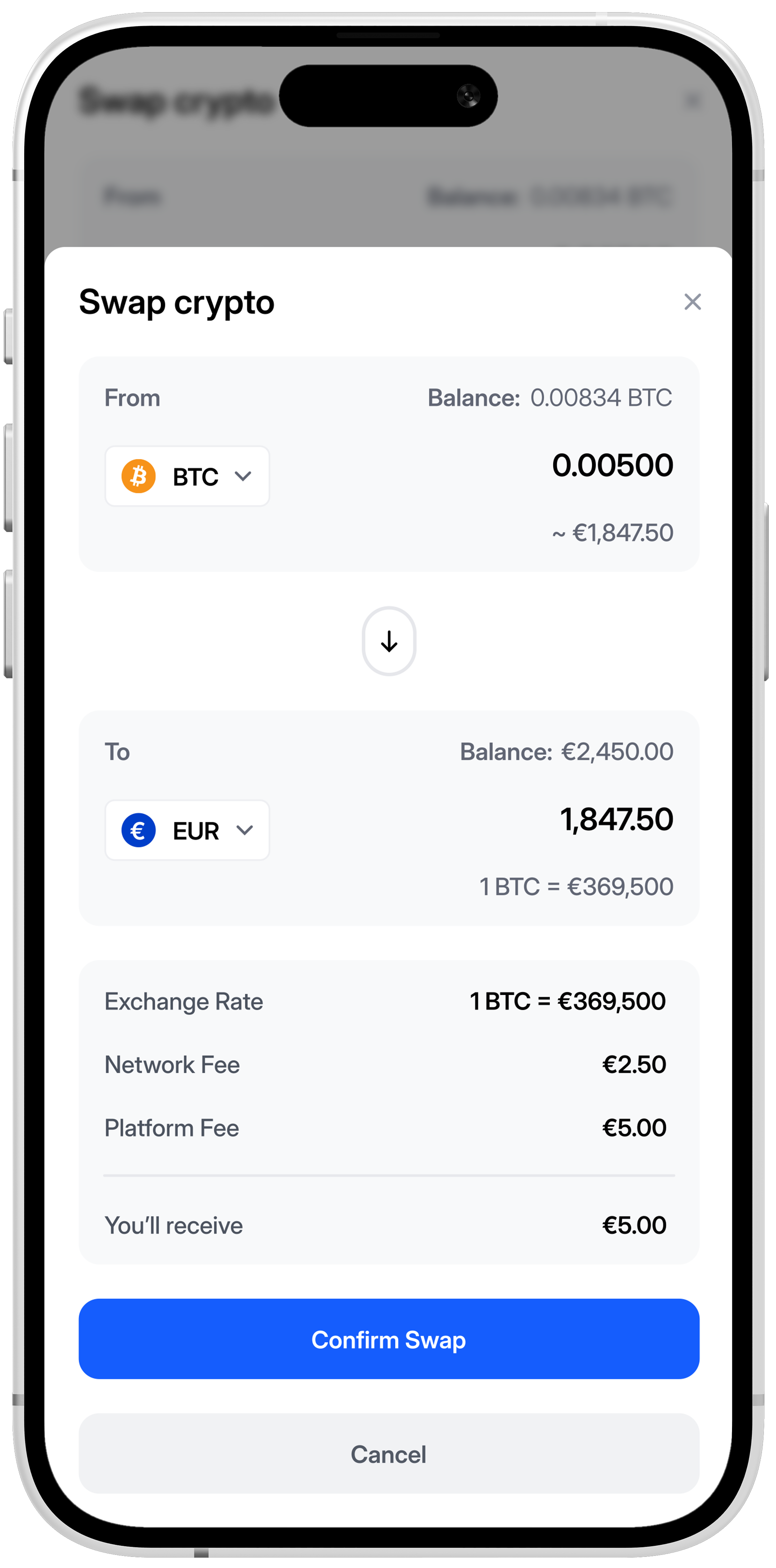 Mobile app interface showing crypto swap functionality