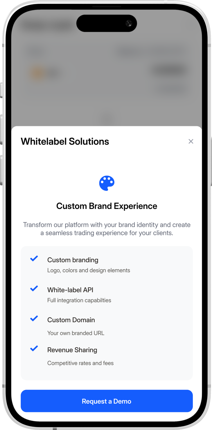 Mobile app interface showing whitelabel solutions functionality